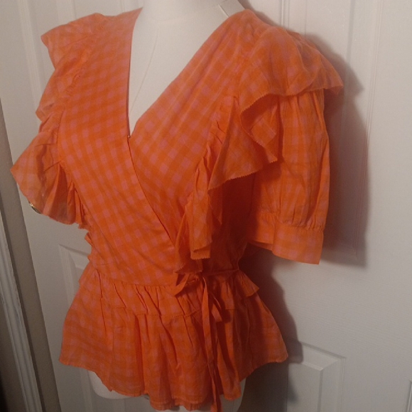 J. Crew Bright Pink Checkered Ruffle Blouse - Picture 4 of 16